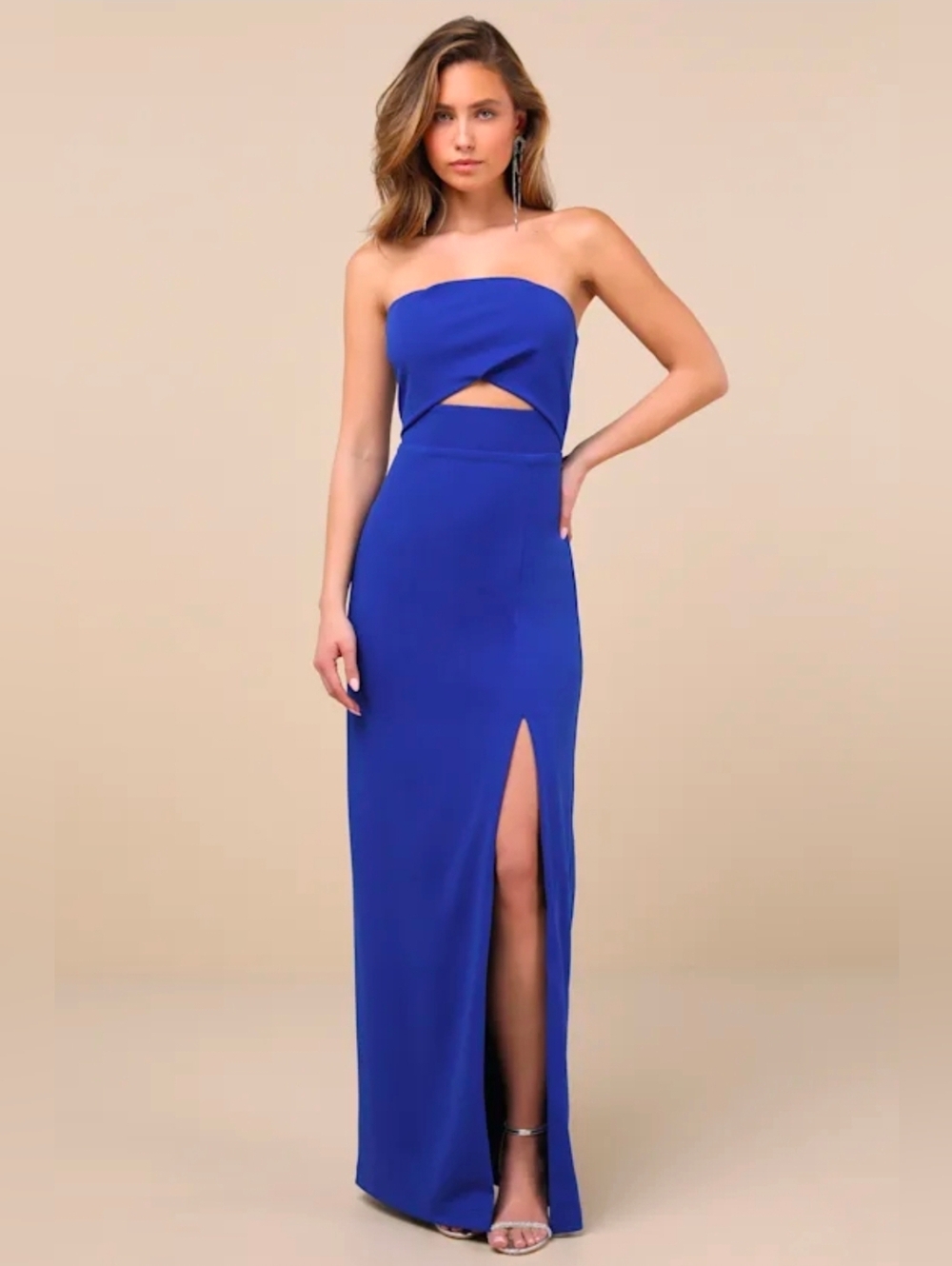 Lulus Dress Womens XS Blue Extravagant Persona Strapless Cutout Column Maxi